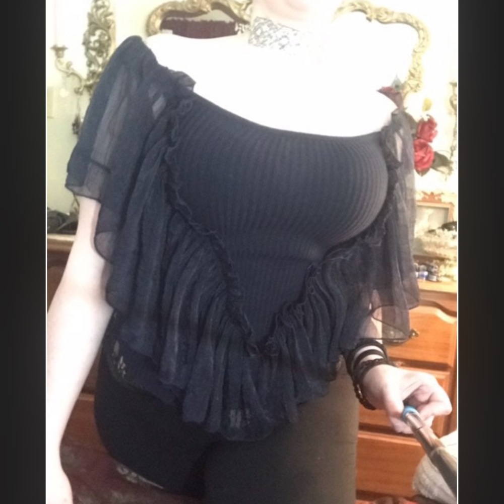 Sexy Unique Ruffle Navy Top Blouse
